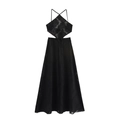 Sexy zwarte kanten maxi-jurk met halternek en open rug voor strandvakanties op vakantie - XS / Zwart