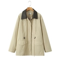 Giacca cargo vintage kaki da donna con colletto in pelle marrone e coulisse in vita - S / Cachi