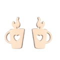Minimalist rose gold stainless steel coffee cup earrings with heart cutout and steam design - Rose Gold