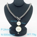 Stainless steel keel chain necklace with oversized faux pearls and toggle clasp detail - Steel Color Necklace (KN235531-Z)