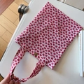 Detail of red floral cotton mini tote bag showing the vintage brass buckle closure - Bubble Pink Heart(T-37)