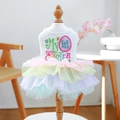 Detailed close-up of My 1st Easter pet dress with colorful mesh tutu on wooden mannequin - XS-Bust 30cm, Length 20cm (Approx 1-1.5kg) / Easter Egg Mesh Dress