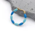 Detail of gold bamboo-shaped hoop earrings with blue and turquoise enamel inlays - Bamboo Joint Style (T1277) / 1 Piece (31x31mm) / Blue