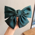 Dark green oversized satin bow hair clip with a vintage silky finish and handmade design - Spring Clips / Green