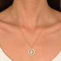 Close-up of Virgin Mary gold pendant necklace with micro-paved white stones on model - 14K Gold (0968)
