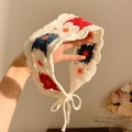 Handmade crochet cotton triangle bandana with colorful floral patterns and tie-up design - Red Blue Flower