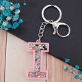 Pink alphabet I keychain with glitter sequins and silver metal clasp for handbags - Letter I