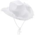 Classic white Western cowboy hat with shaggy faux fur brim and adjustable chin strap - White Cowboy Hat