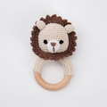 Handmade crochet baby lion rattle with natural wooden ring for sensory development - Lion with Nose