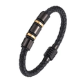 Men's woven black leather bracelet with black and gold stainless steel cylinders - 21cm / Black-Gold