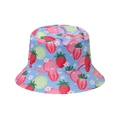 Blue strawberry bucket hat with cute fruit pattern and reinforced stitched brim for women - Light Blue Strawberry Floral (G)