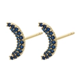 Detailed shot of golden crescent moon stud earrings with micro-paved blue zircons - Gold Blue Zircon Moon