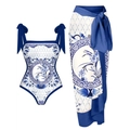 Three-piece blue and white porcelain print bikini set with matching wrap sarong skirt - Orchid