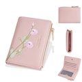 Cartera corta rosa para mujer con bordado floral y compartimentos interiores de PU - Rosa