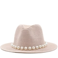 Beige straw fedora sun hat for women featuring a delicate white pearl chain band accessory - Nude Pink