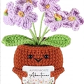Handmade crochet potted plant with purple flowers and motivational German card - Light Purple Forget-me-not Deep Pot