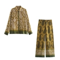 Damen Paisley Satin-Set mit Langarmhemd und weit geschnittener Hose im Vintage-Stil - XS / Set