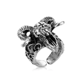 Detailed close-up of a vintage silver gothic goat skull ring with a cross engraving - Goat Head Skull (R-107)