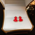 Elegant gold-tone Wulu stud earrings with red enamel inlay and cubic zirconia stones - Red Gourd Shape Full Diamond Gold Stud Earrings (28#)