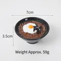 Miniature black bowl noodle keychain charm with 7cm diameter and realistic egg topping - Poached Egg Soba Noodles / Ornament Style