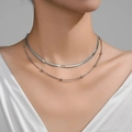 Double-layered silver PVD coated stainless steel snake chain necklace for women - Steel Color Layered Snake & Bead Chain