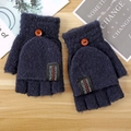 Winter navy blue knit convertible fingerless gloves with warm flip cover and wooden button - One Size / Navy Blue