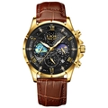 Orologio al quarzo da uomo con cassa oro, cinturino in pelle marrone e fasi lunari - Cinturino Marrone Oro Nero