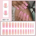 Detailed view of pink glitter French tip long coffin press-on nails with heart motifs - Pink Glitter French Heart Coffin Style (SGCY-157)