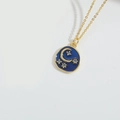 Golden necklace featuring a blue enamel sun and moon pendant with small rhinestones - Moon Star Disc (XL3349-5)