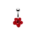 Close-up of red rose belly button ring with silver metallic curved bar and screw ball - Red Rose Style (BR3121604)