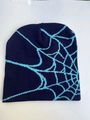 Dark blue knitted beanie with cyan spider web pattern in a classic streetwear style - Deep Blue with Cyan Web