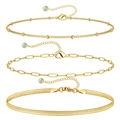 Three-piece layered gold anklet set with beaded, curb, and snake chain designs - Gold Bead Paperclip Snake 3-Piece Set