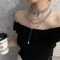 Layered grey pearl necklace with silver chains and teardrop pendant on a model - 80#X4283 (Grey Artificial Pearl Layered Necklace)