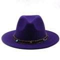 Detail of purple fedora hat with woven band featuring turquoise stones and gold metal buckles - Purple