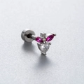 Silver bow earring with magenta marquise and clear heart zirconias and screw back - Magenta Wing Style (A86-4#)