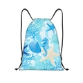 Detail of nautical print drawstring backpack featuring seahorse and shell ocean patterns - Blue Tone Seahorse Starfish Style (jiayingskd49)