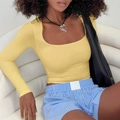 Y2K style slim fit long sleeve square neck top in vibrant yellow color for women - S / Yellow