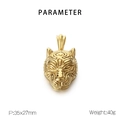 Detailed view of a golden stainless steel tiger head pendant showing size 35x27mm and 40g weight - Tiger Head Pendant (KP120092-KJX) / Gold