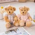 Pair of brown curly teddy bears in blue and orange polka dot dresses with bows - 30cm Pair / Polka Dot Jumpsuit