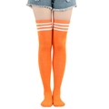 Thigh-high orange socks with three white stripes, athletic over-knee stockings for women - One Size / Orange with White Stripes