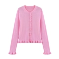 Cardigan en tricot rose avec bordures à volants et fermeture à boutons simple - Rose