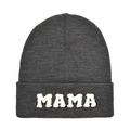 Detailed view of dark grey knit beanie featuring white fuzzy MAMA letter embroidery - Adult Style(MAMA) / Heather Grey