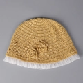 Detail of yellow knit children's sun hat with floral accents and lace mesh brim - M (56-58cm) / Yellow