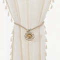 Champagne gold woven curtain tieback featuring a vintage hollow metal flower with amber gem - French Style Flower Tieback