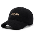 Black textured knit baseball cap with gold MOUTH embroidery in a minimalist style - Adjustable / MOUTH Letter Embroidery / Black with Gold Embroidery