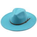 Sky blue wide brim wool fedora hat with a brown leather belt buckle for men and women - Lake Blue