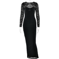 Abito aderente nero sexy a maniche lunghe con patchwork in pizzo e dettaglio mesh - S / Nero