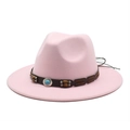Detail of pink wool felt jazz hat with turquoise stone belt and wide flat brim - M (56-58cm) / Pink