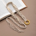 Bohemian hand-woven macrame belt with cream cotton rope, wooden beads and yellow ring - X492-3 White/Wooden Buckle
