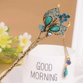 Vintage bronze flower hair stick with turquoise gemstones and blue tassel details - Bronze Butterfly Green Faux Stone Tassel (FZ018)